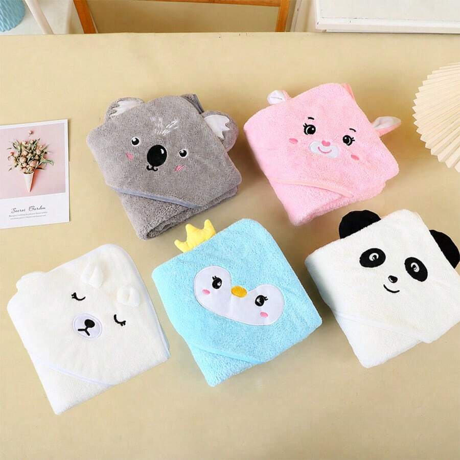Yue Ye 柔軟吸水嬰兒洗澡毛巾,附可愛動物圖案連帽披肩,透氣聚酯纖維,適合兒童洗澡、包巾毯 - 彩色 - 查看 1