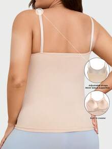 Plus Size Women Spaghetti Strap Tank Top With Built-In Bra Pads, One-Piece Padded Sleeveless Cami, Soft Stretch Invisible Daily Basic Camisole - Apricot - View 2
