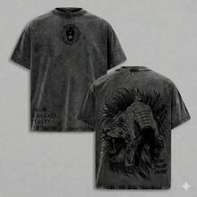 Camiseta Lavada Vintage Algodón Grueso con Doble Estampado Ilustrativo Gráfico, Corte Unisex Variedad de Tallas, Prenda Casual Moda Urbana Estilo Dibujo Manga - Negro - Ver 1