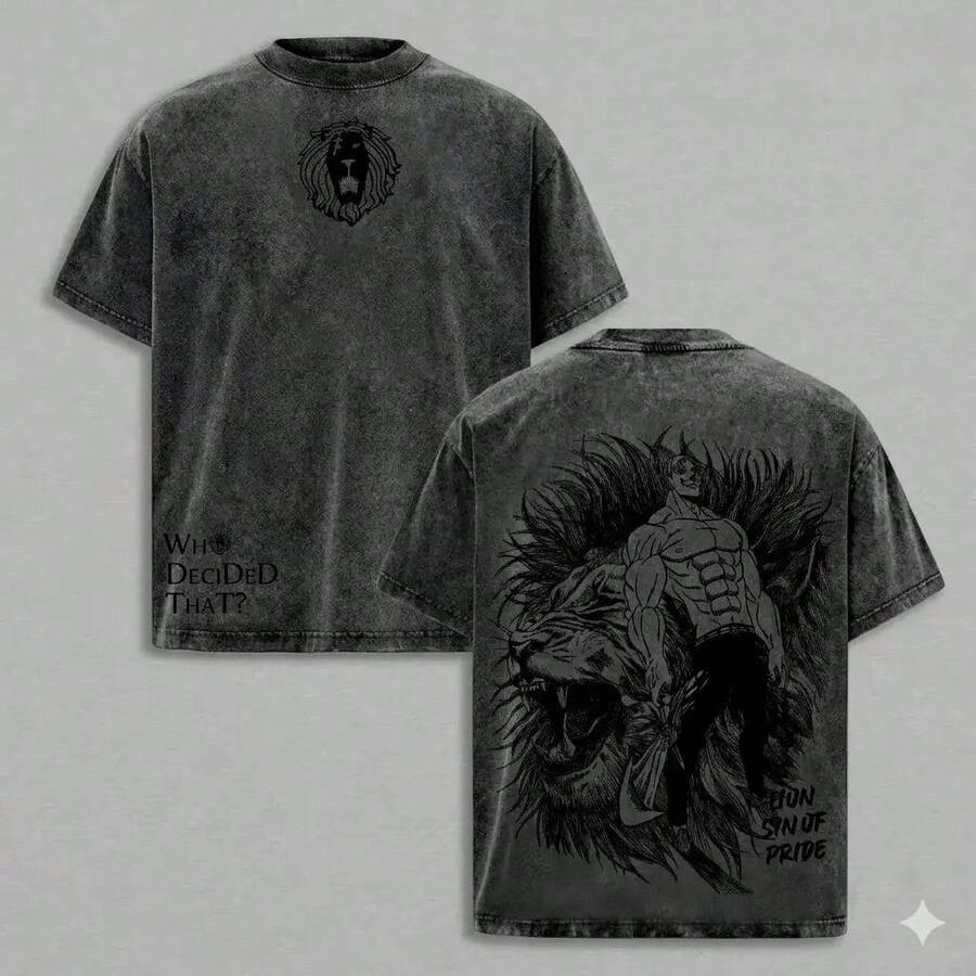 Camiseta Lavada Vintage Algodón Grueso con Doble Estampado Ilustrativo Gráfico, Corte Unisex Variedad de Tallas, Prenda Casual Moda Urbana Estilo Dibujo Manga - Negro - Ver 1