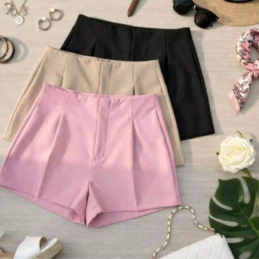 Set Of 3 Women's Tailored High-Waisted Dress Shorts, Elegant, Casual, Summer Fashion, Work, Office - 嬰兒粉/米色/黑色 - 查看 1