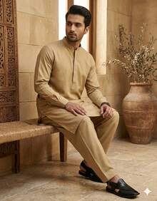 Estationeryhouse Raw Silk Kurta Pyjama For Men, With Cotton Lining And 2 Pockets - Gold - View 2