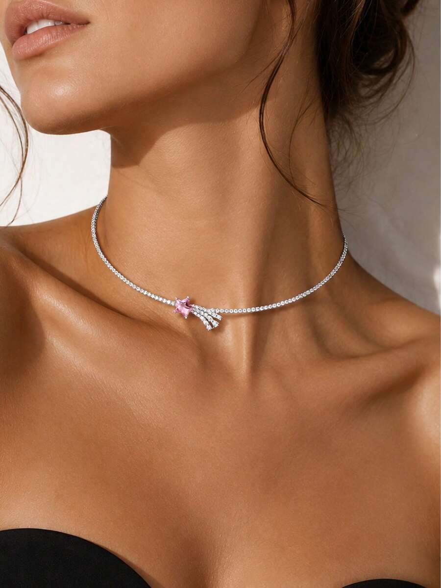 1pc Pink Stone Meteor Choker Necklace For Women, Daily Design Sense Party Neck Accessory - Silver - View 1