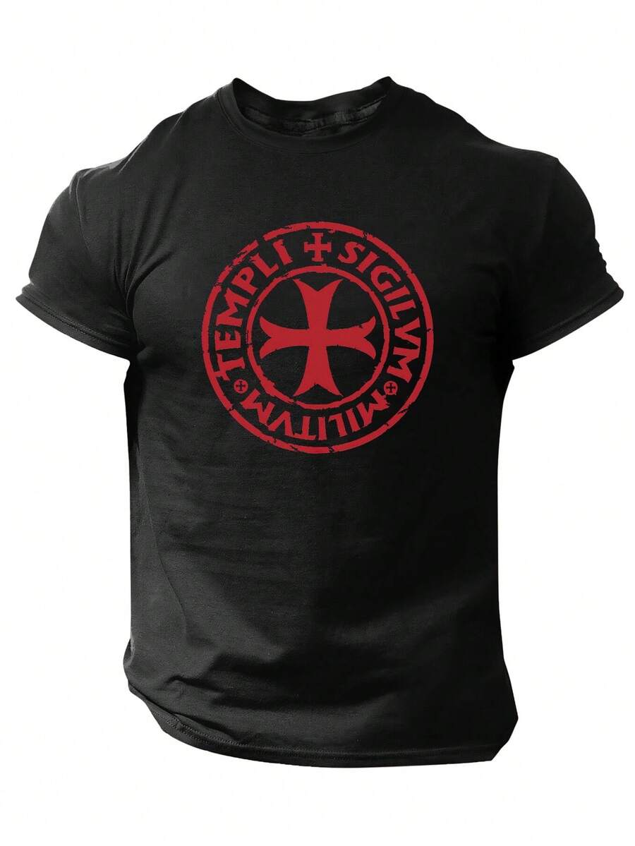 Men's Short-Sleeved T-Shirt For Spring/Summer, Printed With The Knights Templar Logo. - 黑色 - 查看 1