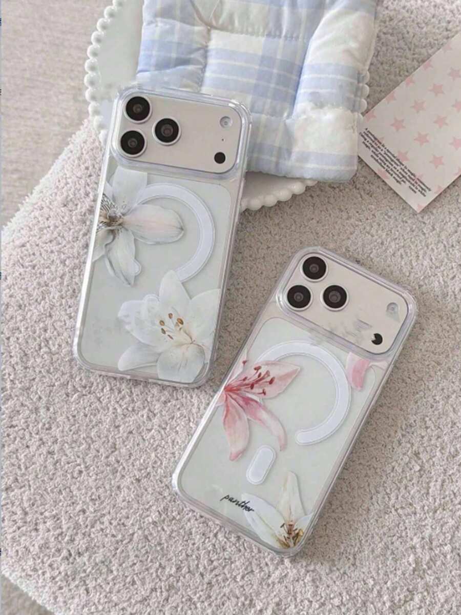 2pcs Lily Flower Phone Case, Magnetic Wireless Charging Transparent Shockproof Phone Protective Cover, Soft+Hard Material Suitable As Holiday Gift For 15 16pro/Promax/14 15 16plus Unisex, Anti-Fingerprint And Anti-Scratch Transparent Glossy Cover, TPU Material - Multicolor - View 1