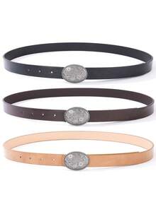 Vintage Cowboy Style Black Faux Leather Belt, Retro Engraved Silver Oval Buckle Adjustable Ladies Waistband - Carved Buckle Thin Leather Belt - View 2