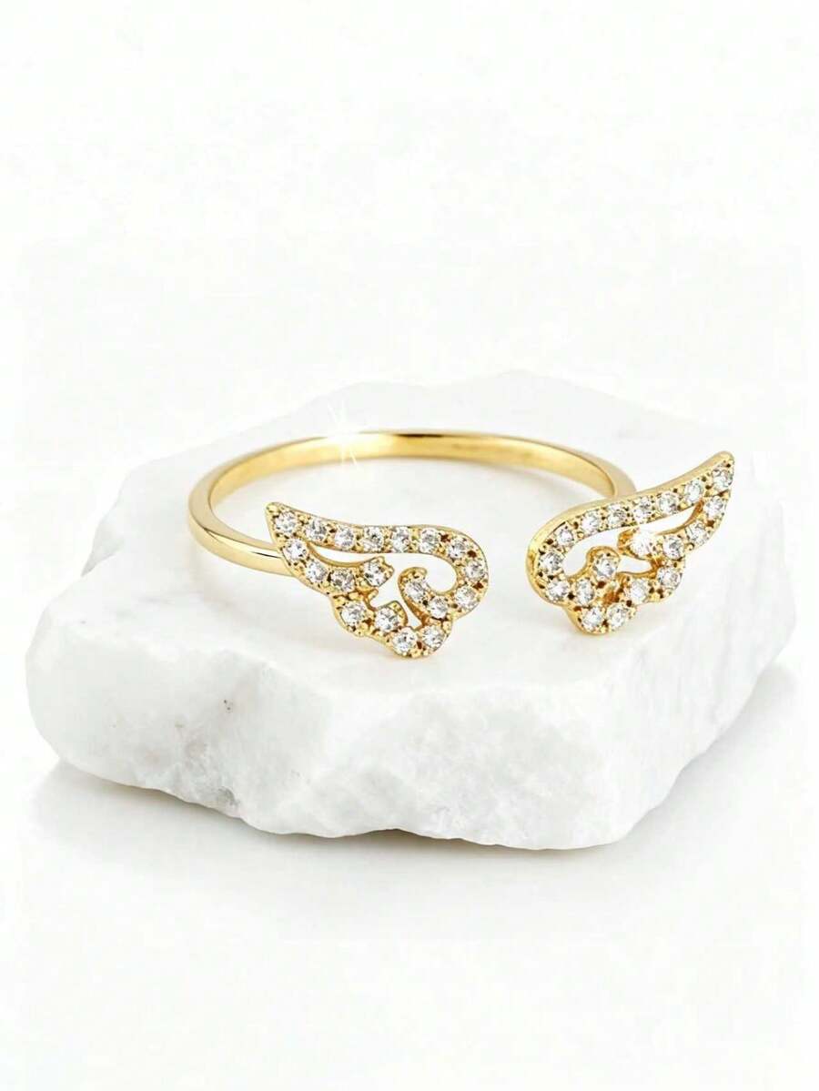 1pc Angel Wing Inlaid Cubic Zirconia Open Fashion Ring For Women - Golden Yellow - Hollowed-out Wings - View 1