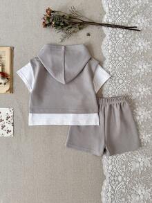 2pcs/Set Toddler Baby Boy Cool Letter Embroidery Grey Hooded Short Sleeve Top And Shorts Set, Spring/Summer - Grey - View 7