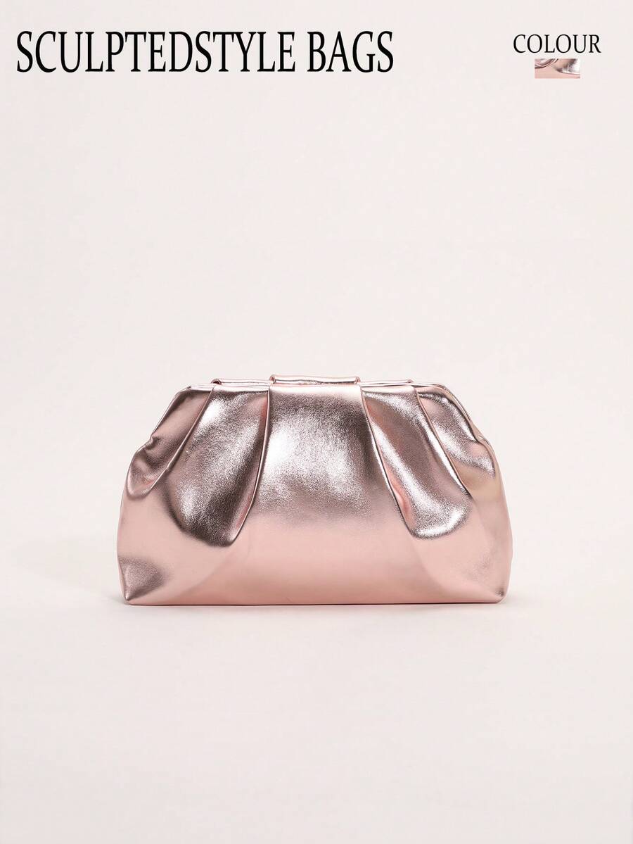 SCULPTEDSTYLE BAGS 1個珍珠光澤粉色玫瑰金PU純色雲朵包 時尚女款手提包 壓褶設計 抓皺包 離合包 鍊條斜背包 極簡風格女款晚宴包 適用於舞會派對 - 玫瑰金 - 查看 1