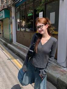 Women's Solid Color V-Neck Long Sleeve Front Button Ribbed Casual Cardigan, Autumn/Winter Fall - Grey - View 2