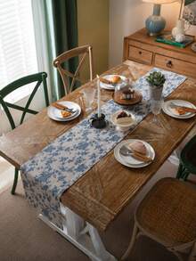 Vintage Blue Floral Table Runner, Linen-Look Polyester Farmhouse Table Decor For Dining Table, Kitchen Island & Entryway - Multicolor - View 6