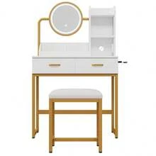 Modern Dressing Table / Fashionable Dressing Table / Rotating Mirror – Incl. Stool & Gold Metal Legs / Plenty Of Storage Space: 2 Drawers + 2 Open Shelves / White, Dimensions: 80*138.5*40 Cm - White+Gold - 查看 10