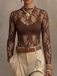 Atasan Zelie Wanita Lengan Panjang Berenda Cokelat, Berenda Transparan, Gaya Berlapis untuk Liburan - Coffee Brown - View 5