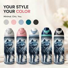 1pc 24oz Stainless Steel Water Bottles With Straw, Frozen Wolf Forest Design Tumbler Wrap For Wolf Lovers, Adults, And Winter Holiday Gifting, Featuring A Mystical Icy Wolf In A Snowy Woodland Scene. - 彩色 - 查看 9