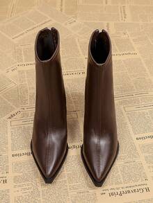 Elegant Pointed Toe Chunky Heel Back Zipper Short Boots For Women, Autumn/Winter New Brown Mid-Calf Classic American Style Boots - Brown - View 4