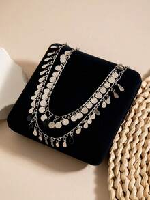 imoli 1 Set/Silver Minimalist Alloy Round Disc Water Drop Tassel Handmade Chain Double Layer Anklet Women's Dating Gift (Handmade Chain Cut To Size, Number Of Round Disc Tassels Varies) - 29120-1-s - View 6