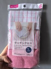 3件組柔軟吸水華夫格廚房抹布，13.78" X 13.78" 耐用洗碗布，純色粉色格紋條紋圖案，適用秋冬夏季，適合烹飪烘焙清潔擦乾，居家廚房用品 - 彩色 - 查看 5