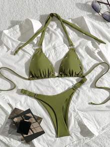 Women's Sexy Halter Neck Tie Bikini Set, Rivet Detail Design, High Elasticity Two Pieces Swimwear, Suitable For Beach And Pool Vacation Summer - Green - View 8