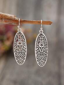 1 Pair Vintage Geometric Hollow Carved Alloy Long Luxury Earrings - Antique Silver - View 7