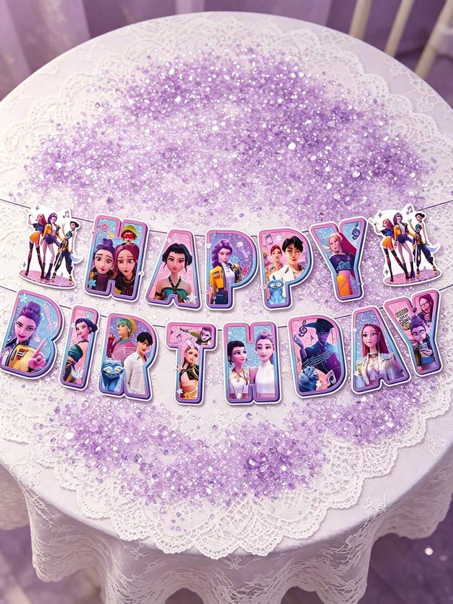 時尚 K-POP 生日快樂字母橫幅裝飾，經典主題掛牆飾品，多用途粉絲派對佈置用品，可愛房間日常裝飾與實用主題生日慶祝場景拍照道具 - 彩色 - 查看 1