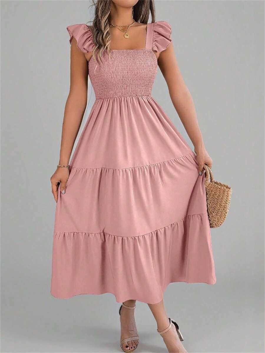 Elegant Olive Green Summer Midi Dress With Square Neck, Sleeveless, Ruffled And Open Back - Rosa - View 1