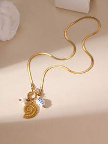 GEREIT 1 pieza Collar con colgante de tortuga, pez y estrella de mar de estilo de vacaciones de moda, chapado en oro de 18K, acero inoxidable, piedra natural y circonita para mujeres, adecuado para usar en vacaciones en la playa - Multicolor - Ver 6