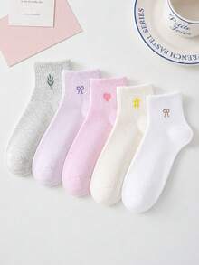 1/5 Paia Di Calzini Alla Caviglia Da Donna Con Motivi Casuali A Fiocco, Cuore, Fiore, Morbidi, Confortevoli, Traspiranti, Per Uso Quotidiano - Multicolore - Visualizzare 5