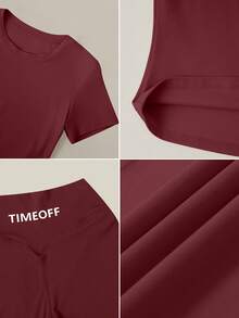 TimeOff 女款純色修身圓領短袖字母印花直筒褲運動套裝 - 紅色 - 查看 4