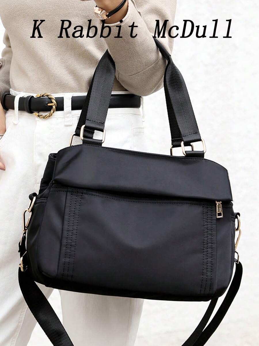 Multi-Layer Nylon Handbag, Large Capacity Crossbody Bag, Waterproof Lightweight Travel Shoulder Bag, Eye-Catching Women Work Tote - Black - View 1