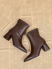 Elegant Pointed Toe Chunky Heel Back Zipper Short Boots For Women, Autumn/Winter New Brown Mid-Calf Classic American Style Boots - Brown - View 6