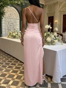 Women's Pleated Sexy One Shoulder Maxi Dress High Split Slim-Fit Cocktail Party Evening Gown,Easter Women Dress - 粉色 - 查看 2