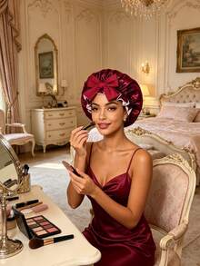 CONFLASS 1pc Luxury Reversible Ruffle Trim Satin Sleep Bonnet With Large Bow, Adjustable Tie Silk Hair Bonnet For Women Curly Hair Night Cap For Natural Curly Hair Daily Sleeping Hair Care - Multicolor - View 3