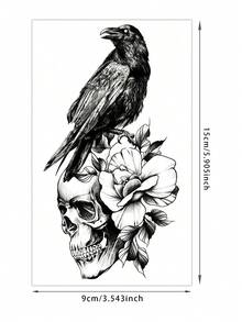 1片黑白素描烏鴉頭骨玫瑰結合圖案臨時紋身貼紙，具逼真紋身設計。適合旅行、音樂節、遊戲、畢業禮物。可維持3-5天。 - 黑色 - 查看 7