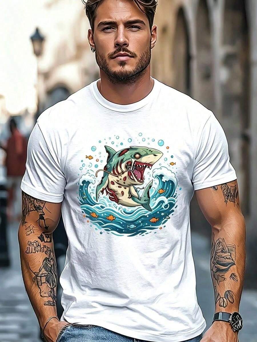 Men's Plus Size T-Shirt, Comfortable And Versatile, Easy To Clean, With Cartoon Zombie Shark Design For Casual Wear - 白色 - 查看 1