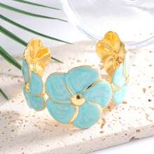 3D Floral Open Cuff Bracelet - Romantic Vintage Style Hand Accessory, Daily Commute/Date/Vacation, Gold Trim+Multiple Colors Available+Exquisite Petals - Multicolor - View 4