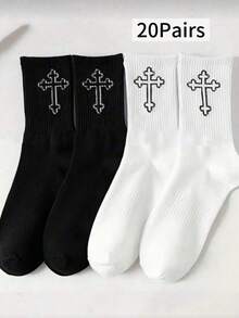 5/20 Pairs Men's All-Season Versatile Comfortable Simple Black And White Solid Color Pattern Mid-Calf Socks - Multicolor - View 5