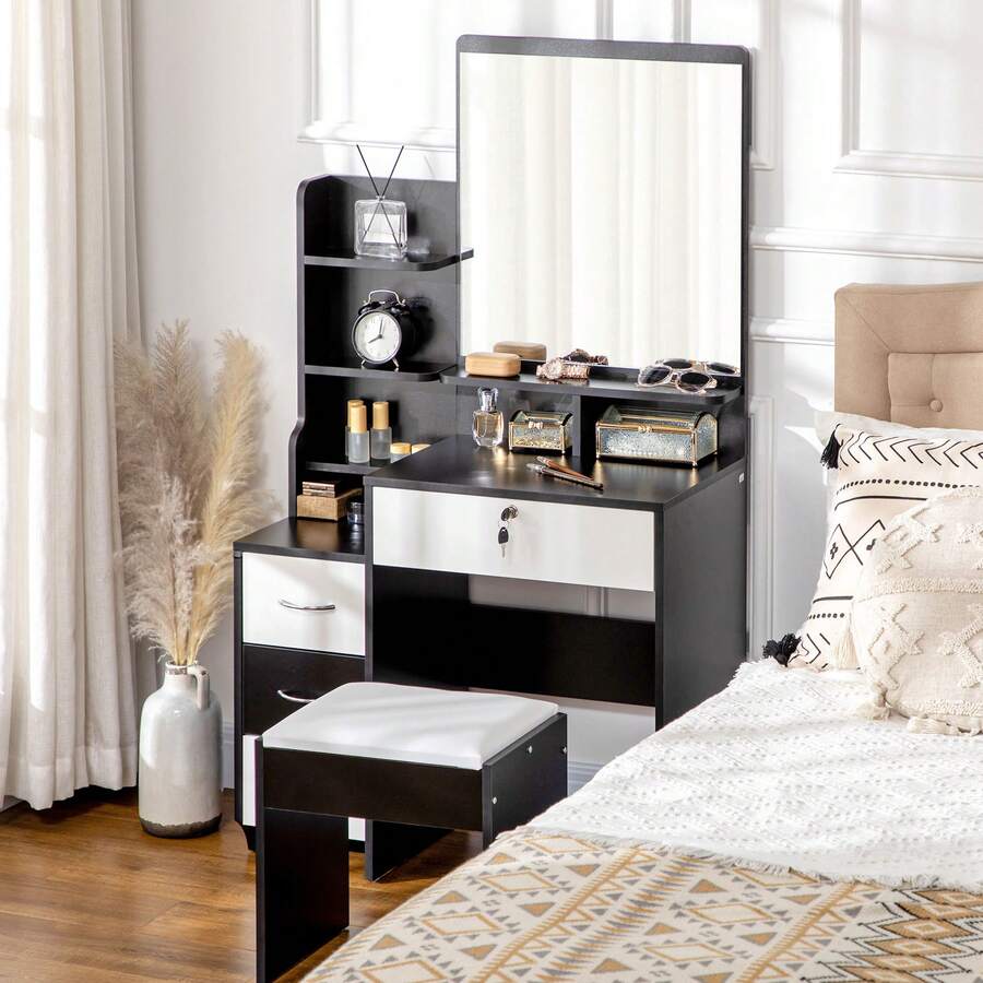 Vanity Table And Stool Set, Makeup Desk With Large Mirror, Open Shelves And 4 Drawers, Black And White - Black - View 1