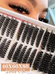 290pcs Independent Lash Tufts 8-16mm Mixed Length D Curl Warp Russian Curl DIY At Home Soft And Fluffy Reusable Suitable For Daily Outings Dates Party Use.Natural & Super - D - View 2