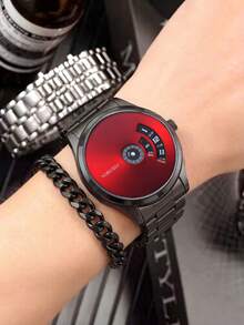2 piezas Reloj de cuarzo para hombre con esfera digital y correa de malla, estilo de negocios y moda - Rojo - Ver 3