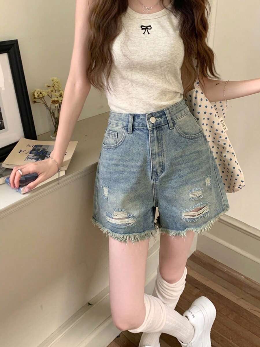 素色高腰春夏直筒寬腳破洞休閒女款牛仔短褲 - 藍色 - 查看 1