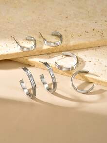 6pcs/Set Women's Stainless Steel Geometric Design C-Shaped Hoop Earrings Set, Suitable For Daily Wear - 1623 - View 6