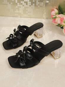 Elegante Damen-Sommer-Sandalen mit Schleife, quadratische Zehenpartie, transparente Kristall-Optik, Blockabsatz, Pantoletten-Slipper - Schwarz - Übersicht 7