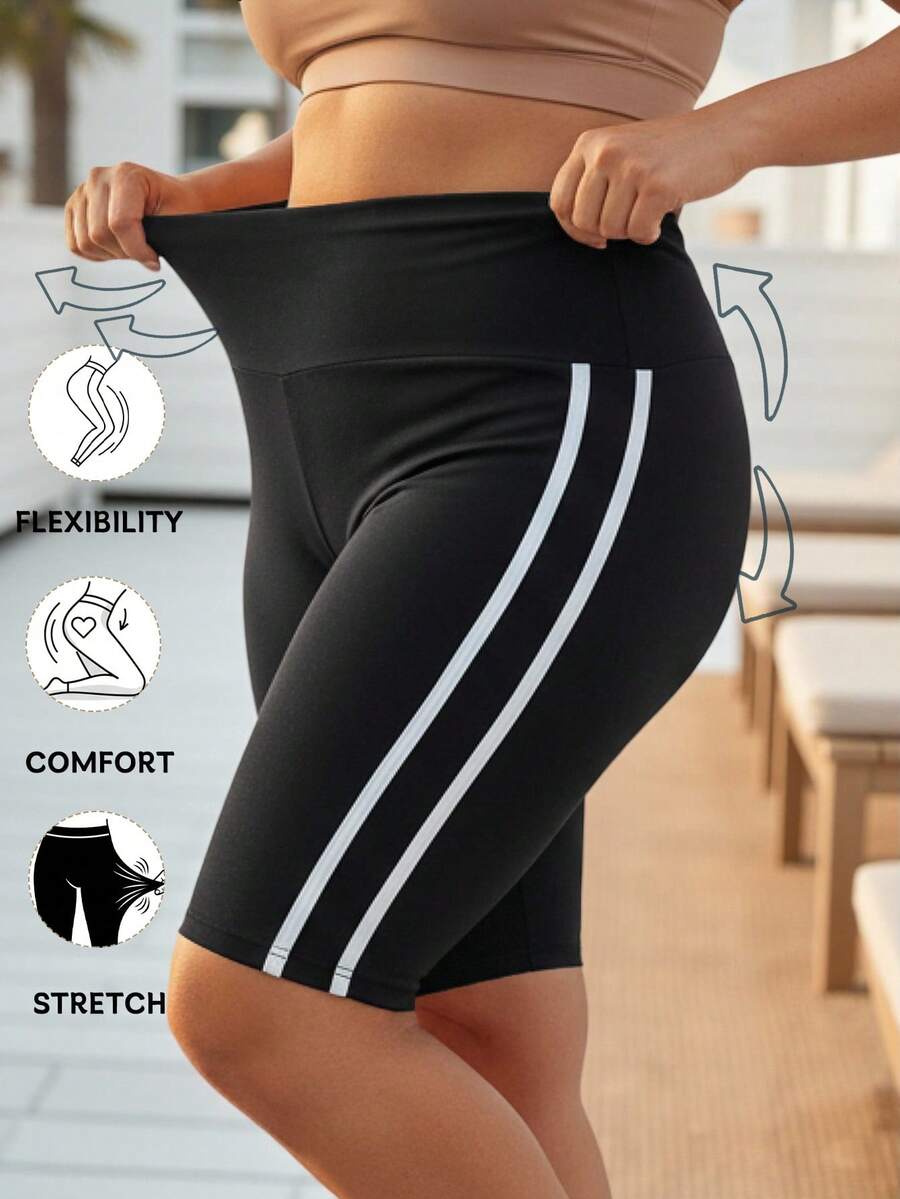 Plus Size Women's High Elasticity Solid Color 5-Inch Biker Shorts With White Side Stripe Design, Casual Comfortable Fashion Knit Leggings For Sports And Outings