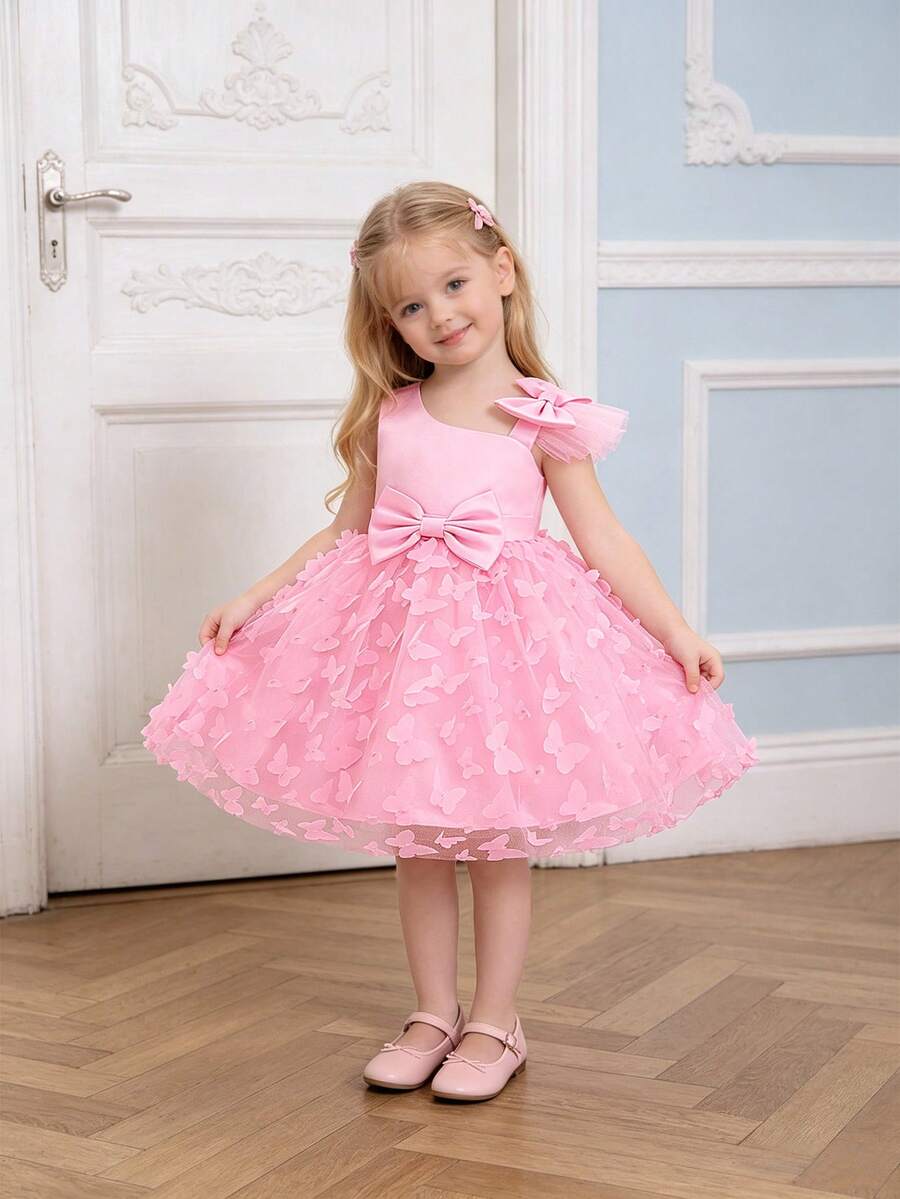 Baby Girl Sleeveless Butterfly Applique Tulle Puff Dress, Suitable For Wedding Flower Girl, Does Not Include Headband - Pink - View 1