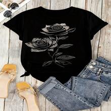 Edgy Rose Graphic T-Shirt, 100% Cotton Oversized Soft Breathable Casual Crewneck Short Sleeve Top, Romantic Aesthetic Summer Vibes Tee For Women & Flower Lovers - 黑色 - 查看 18