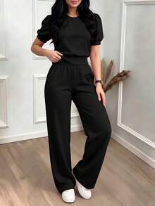 2er/Set Damen schwarzes lässiges besticktes Strick Loungewear Set, Frühling/Herbst elegant Sommer - Schwarz - Übersicht 3