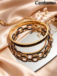 Camhanno 2pcs French Oil Drip Stainless Steel 18K Gold Plated Bracelet & Bangle Set, Multicolor Enamel Options, Hypoallergenic & Non-Fading, Niche Luxury Layered Design, Versatile Women's Jewelry For Daily Commute And Dating - Gold 3 - View 4