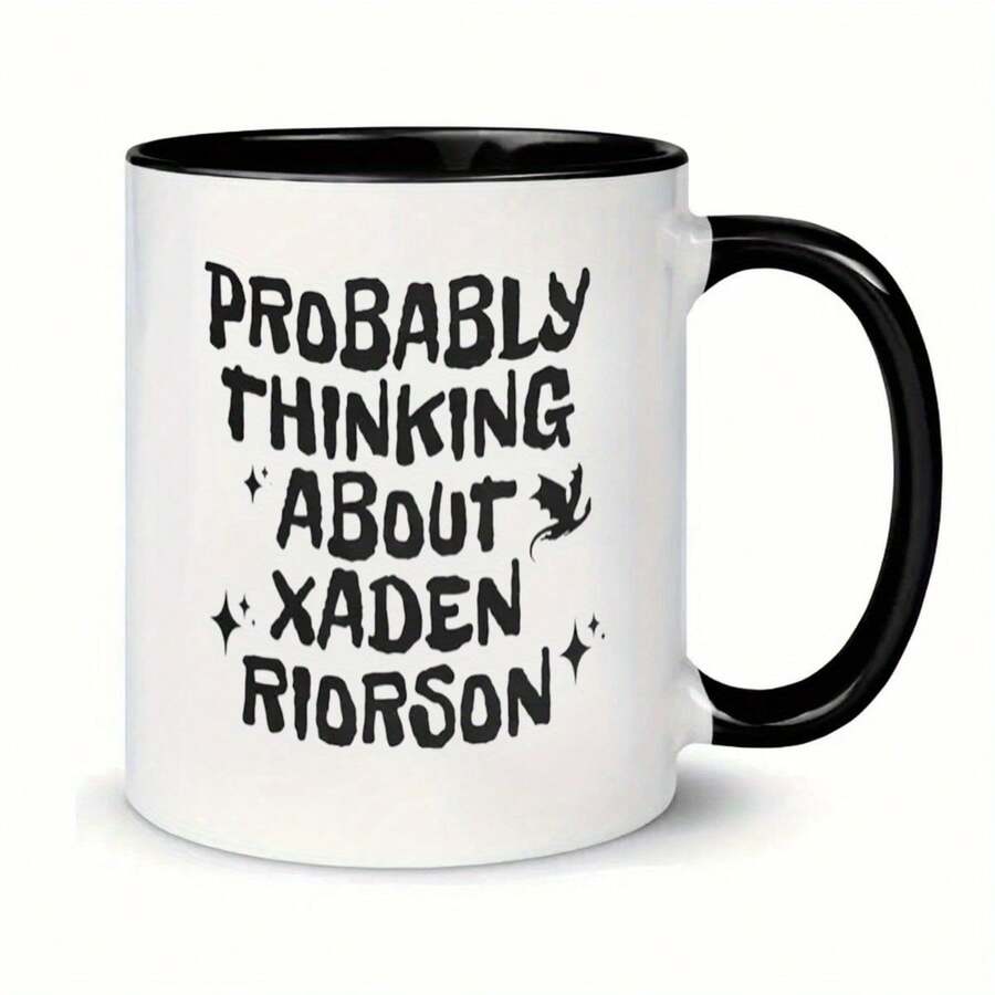 [Se envía en 24 horas desde México]Taza de café de cerámica "Probablemente pensando en Xaden Riorson" |   Diseño moderno en blanco y negro con siluetas de murciélagos y estrellas - Regalo perfecto para fans, Mercancía para fans de Xaden Riorson - Imagen 1 pieza - Ver 1