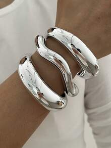 3pcs Vintage Exaggerated Gorgeous Women's Silver CCB (Plastic) Open Bangle Bracelet Set, Suitable For Daily, Party, Date, Wedding, Festival Wear, Gift - Silver - View 4