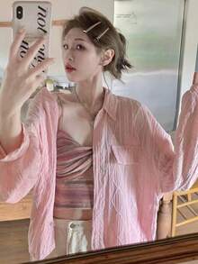 女款素色休閒百搭日常穿著襯衫 粉紅色 - 粉色 - 查看 2